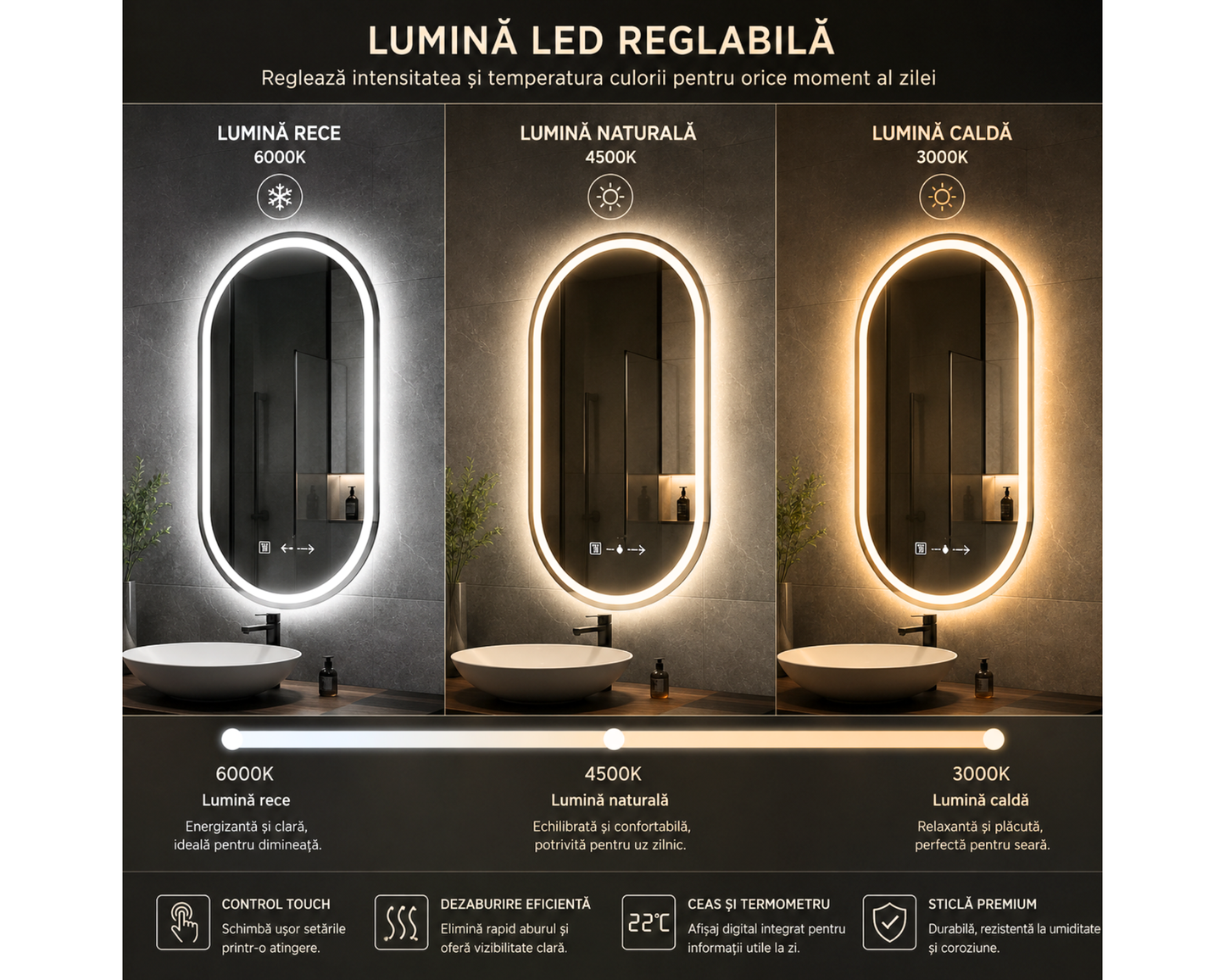Oglinda LED din Colectia Marcello Funghi Ovala, cu Functie Dezaburire, Ceas, Termometru si Sistem Touch, model W14/50x80cm
