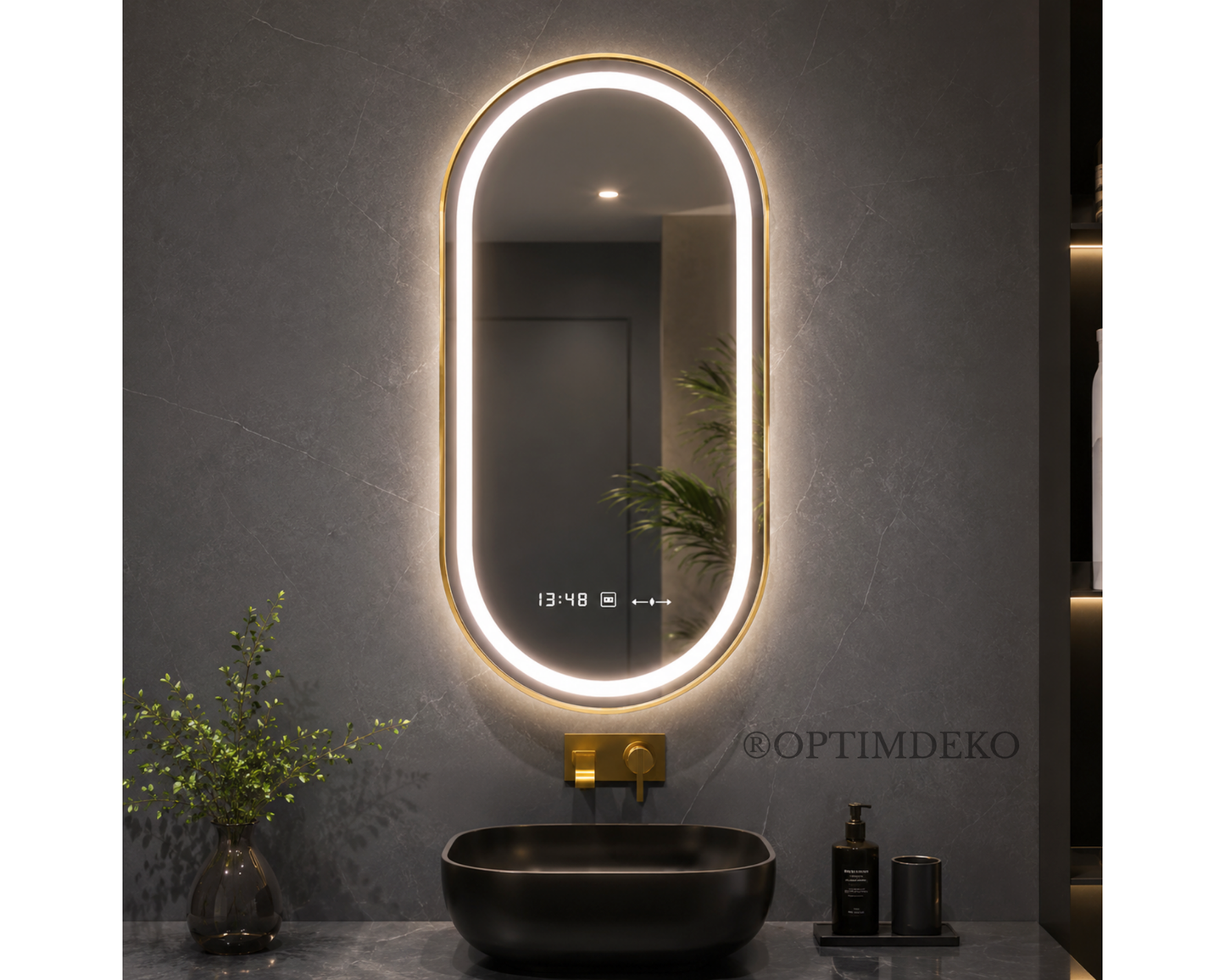 Oglindă LED Ovală W25/50x80 cm Roven MotionGlow cu Funcție Dezaburire, Ceas, Termometru și Iluminare LED Dimabilă, Ramă Aurie