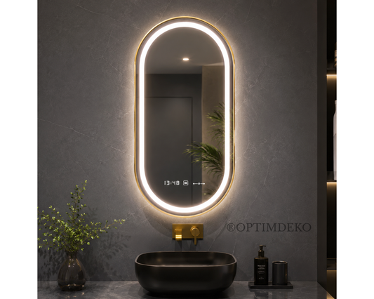 Oglindă LED Ovală W25/50x80 cm Roven MotionGlow cu Funcție Dezaburire, Ceas, Termometru și Iluminare LED Dimabilă, Ramă Aurie