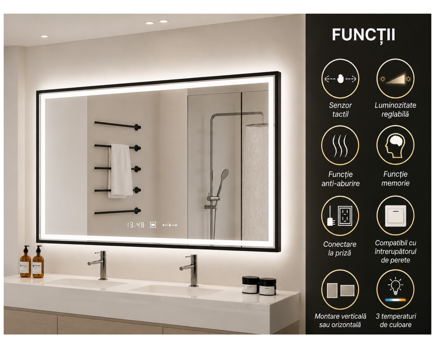 Oglinda LED Dreptunghiulara, cu Functie Dezaburire si Sistem Touch, Neagra, Colectia Marcello Funghi W03/120x80cm