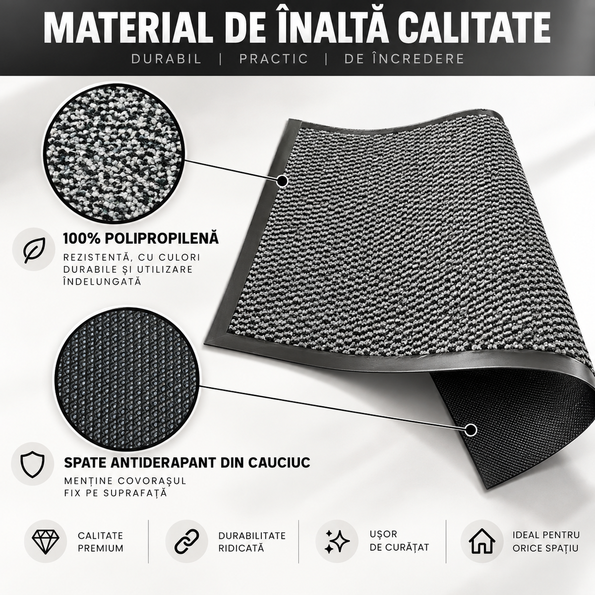 Covoras de Intrare OPTIMDEKO, 60x40 cm, Antiderapant, Absorbant si Antimurdarie, Baza din Cauciuc, Rezistent, pentru Interior si Exterior, Negru Gri