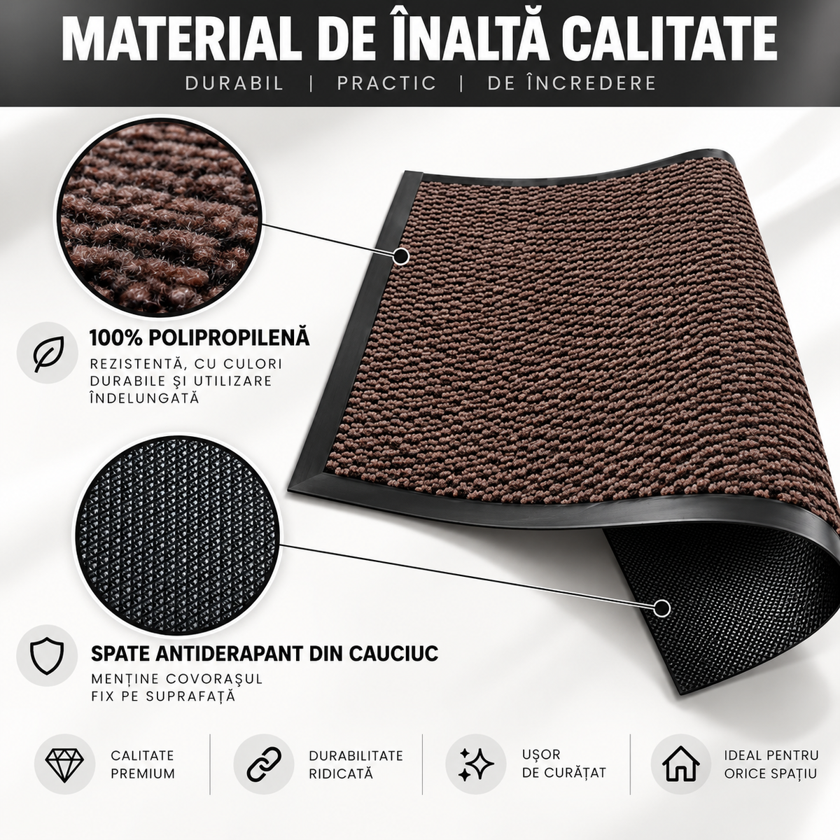 Covoras de Intrare ®OPTIMDEKO, 90 x 60 cm, Antiderapant, Absorbant si Antimurdarie, Striat, Baza din Cauciuc, Rezistent, pentru Interior si Exterior, Maro/Negru