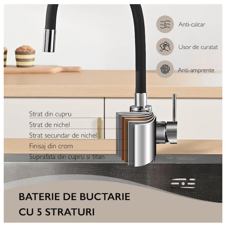 Baterie Chiuveta Bucatarie ®OPTIMDEKO, Flexibila, Inox, Pipa Inalta, Cartus Ceramic, Monocomanda, Racorduri Incluse, Acoperita Silicon, Rotativa, Alb