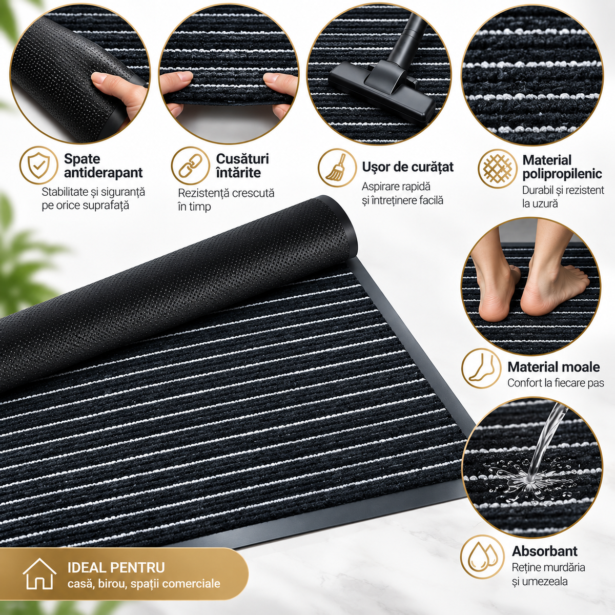 Covoras de Intrare OPTIMDEKO, 60 x 40 cm, Antiderapant, Absorbant si Antimurdarie, Baza din Cauciuc, Rezistent, pentru Interior si Exterior, Gri & Negru