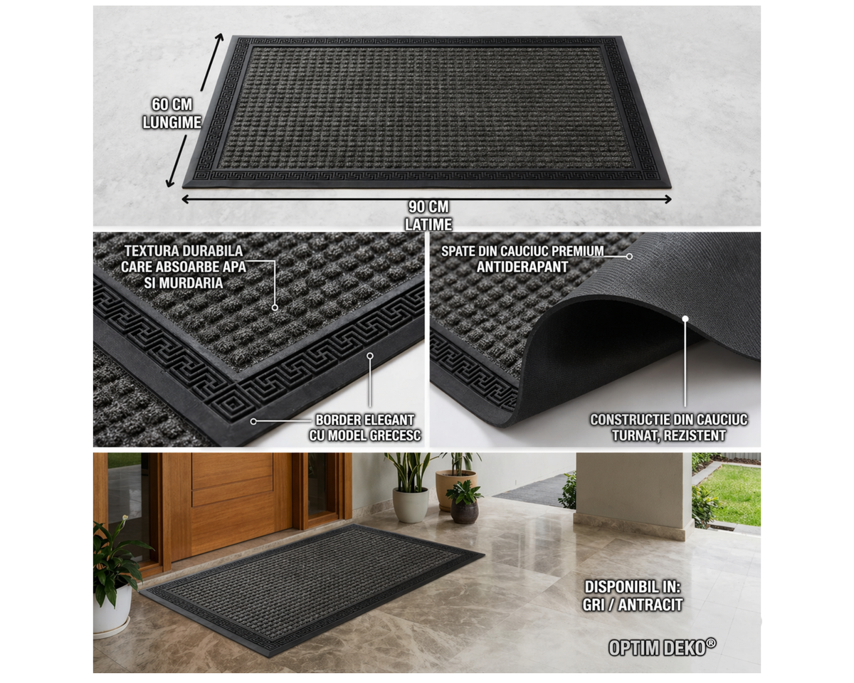 Covoras intrare gri 90x60 cm, ®OPTIMDEKO, antiderapant, rezistent, absorbtie murdarie si apa, interior/exterior, CR096 GRI