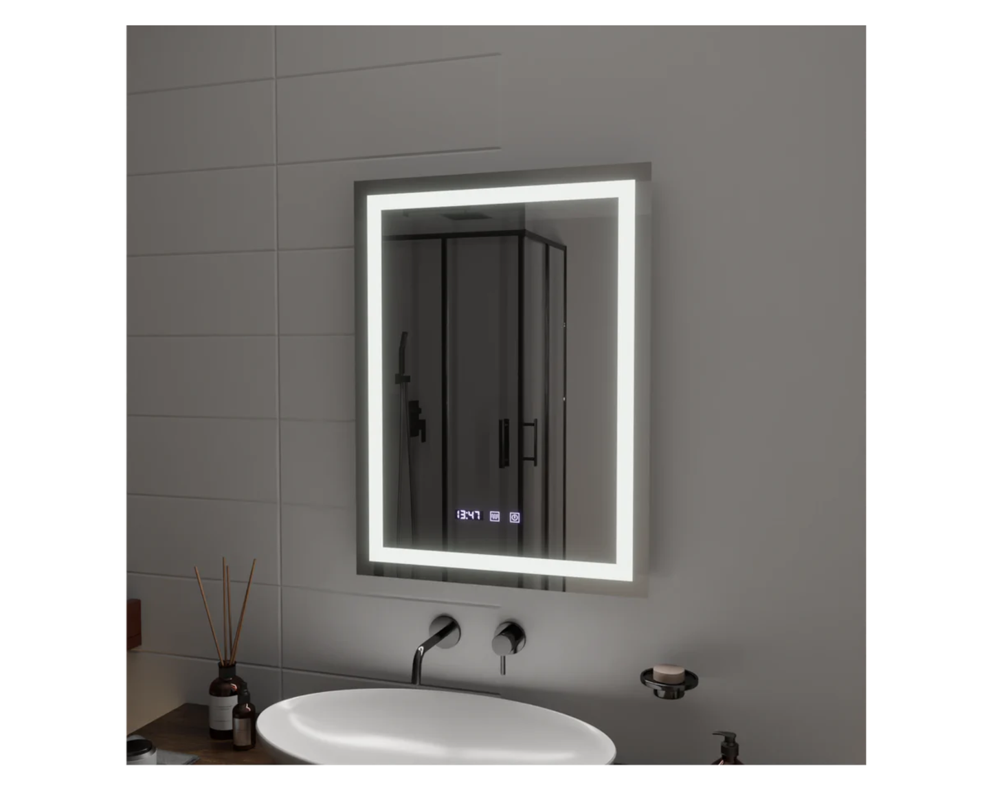 Oglinda Led Dreptunghiulara, cu Functie Dezaburire si Sistem Touch, Ceas si Termometru W09/60x80cm