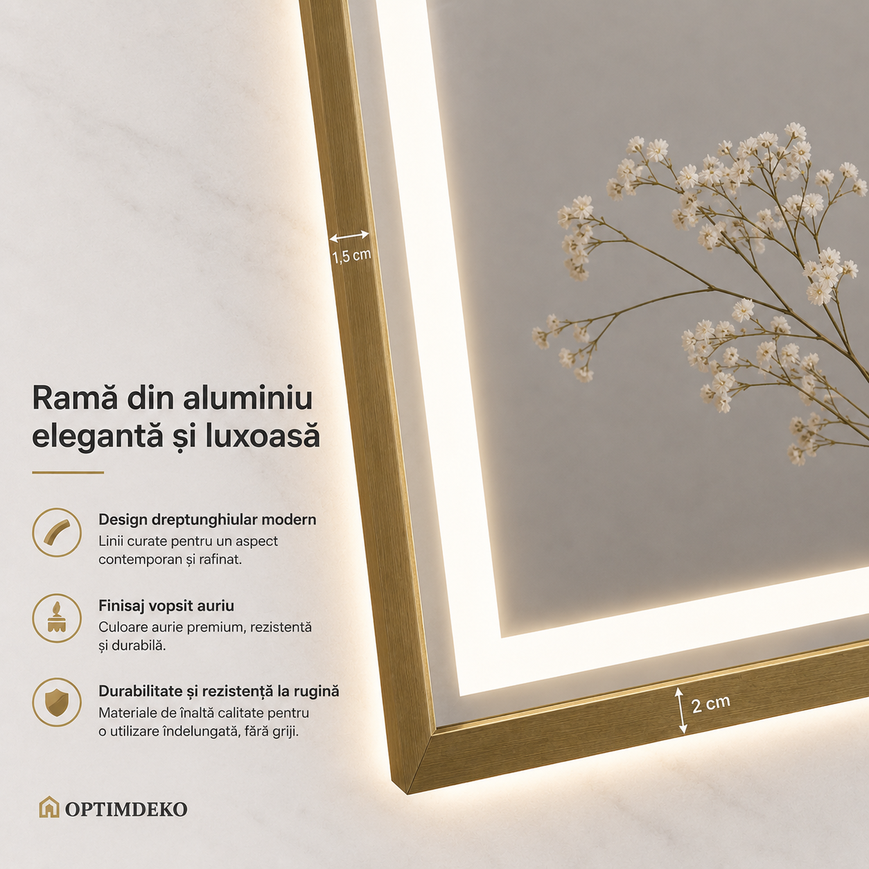 Oglinda LED Colectia Korman Technik Dreptunghiulara, cu Functie Dezaburire si Sistem Touch, Rama Aurie, model E10/60x80cm