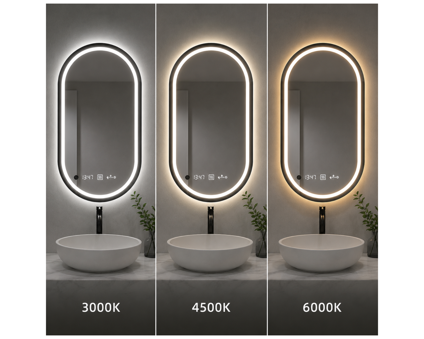 Oglindă LED Ovală W15/50x80 cm Alessia MotionGlow cu Funcție Dezaburire, Ceas, Termometru și Iluminare LED Dimabilă