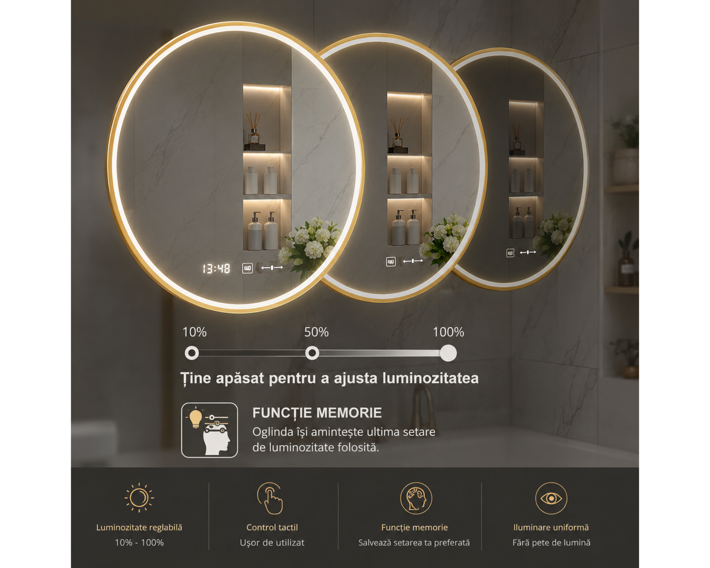 Oglinda LED Touch Functie Dezaburire Rama Aurie Colectia Marcello Funghi, model W04/70X70cm
