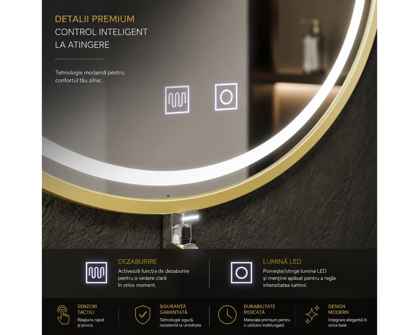 Oglinda LED Rotunda cu Functie Dezaburire si Sistem Touch, Auriu Periat E04/70x70cm