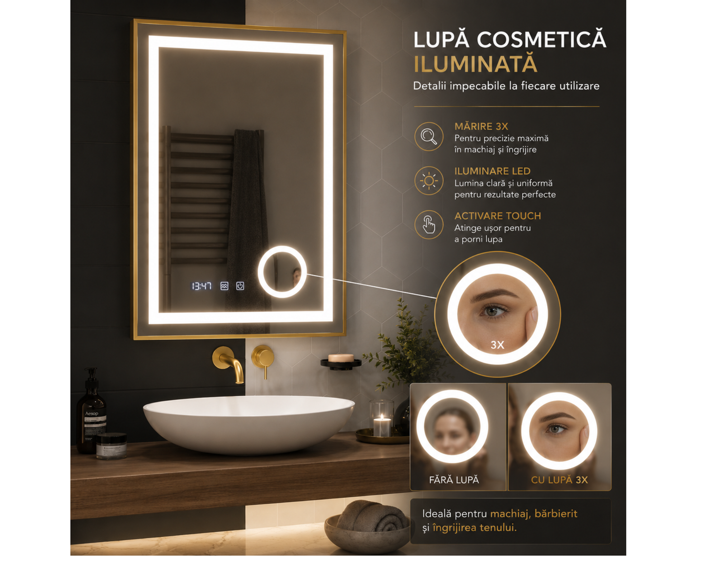 Oglindă LED Touch S81/60x80 cm cu Funcție Dezaburire, Ceas, Termometru, Lupă Cosmetică și Ramă Auriu Brushed – Colecția Korman, model Clarus