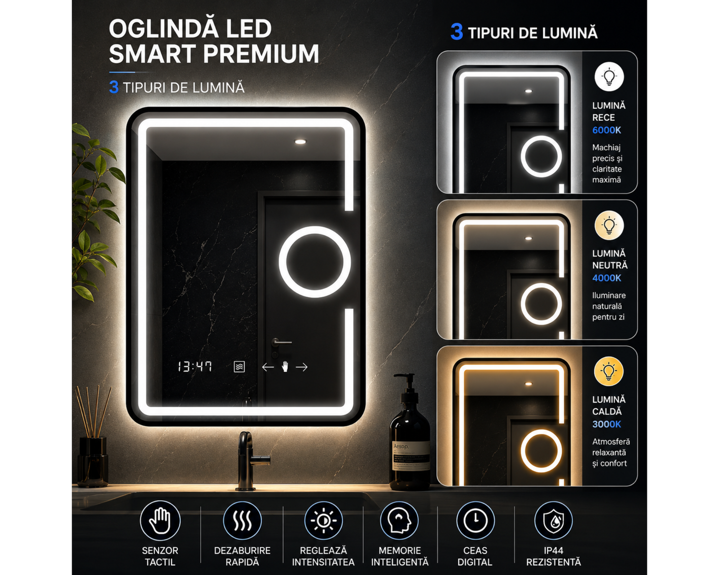 Oglinda LED Dreptunghiulara, cu Functie Dezaburire, Lupa Cosmetica si Sistem Touch, Colectia Marcello Funghi, W05 60x80cm