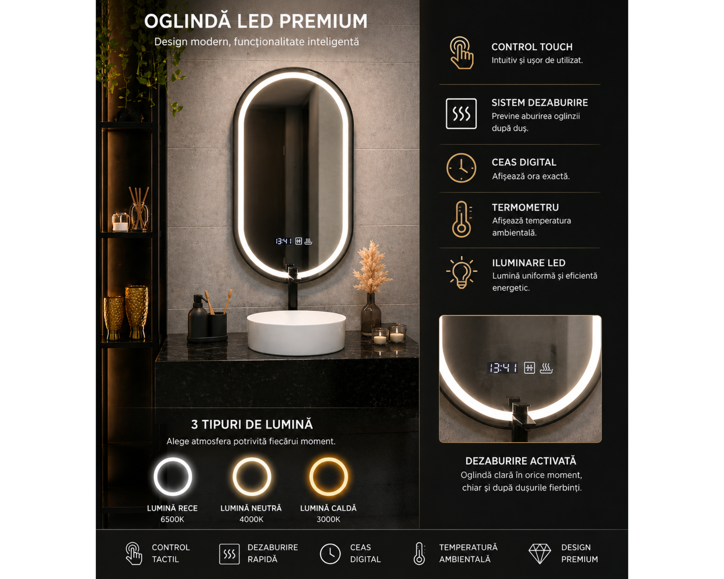 Oglindă LED Touch 50x90 cm cu Funcție Dezaburire, Ceas, Termometru și Ramă Negru Brushed – Colecția Marcello Funghi, model Helmut