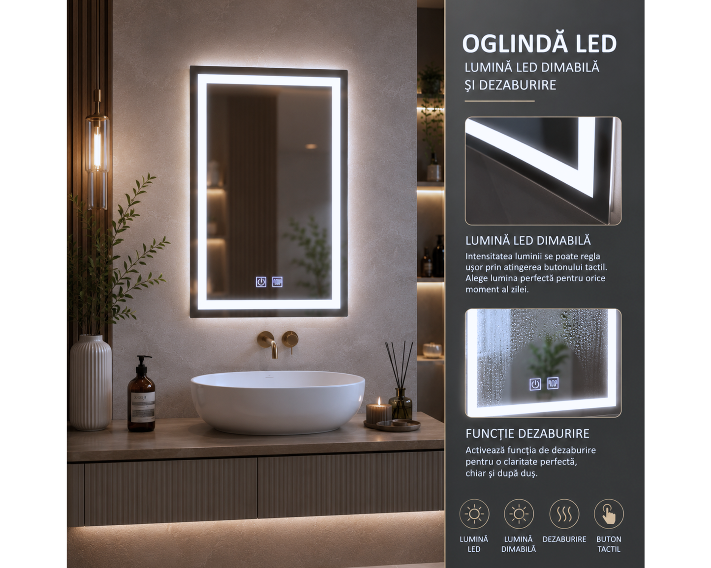 Oglinda Led Dreptunghiulara Touch, cu Functie Dezaburire E09/60x80cm