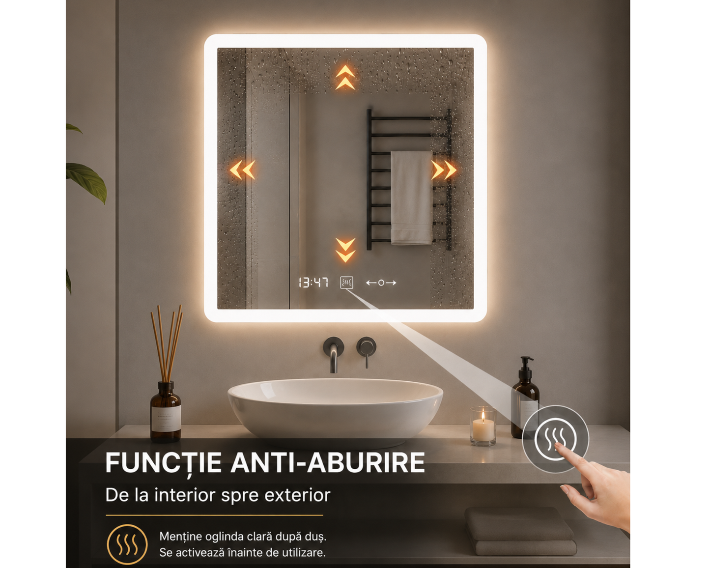 Oglindă LED Dreptunghiulară W21/60x80 cm MotionGlow cu Funcție Dezaburire, Ceas, Termometru și Iluminare LED Dimabilă