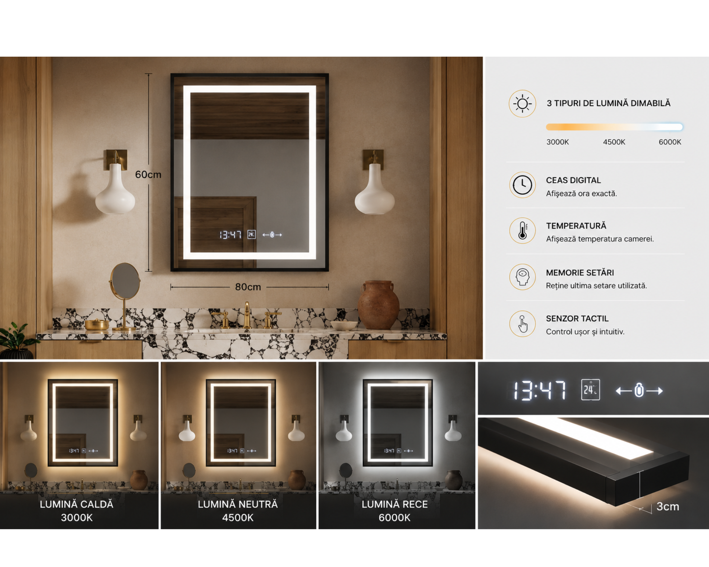 Oglinda LED Dreptunghiulara, cu Functie Dezaburire si Sistem Touch, Neagra, Colectia Marcello Funghi, model W03v 60x80cm
