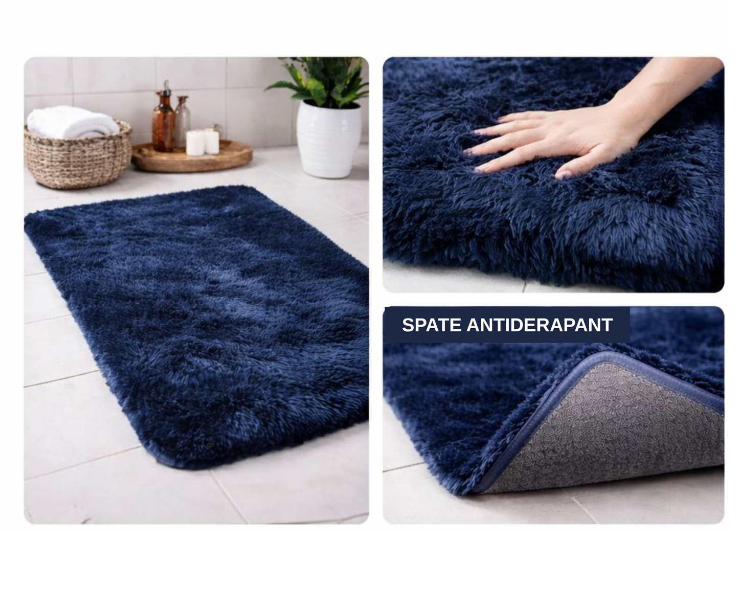 Covoras baie pufos, 90 x 60 cm, ultra absorbant si antiderapant - microfibra foarte moale, Albastru Inchis ®OPTIMDEKO