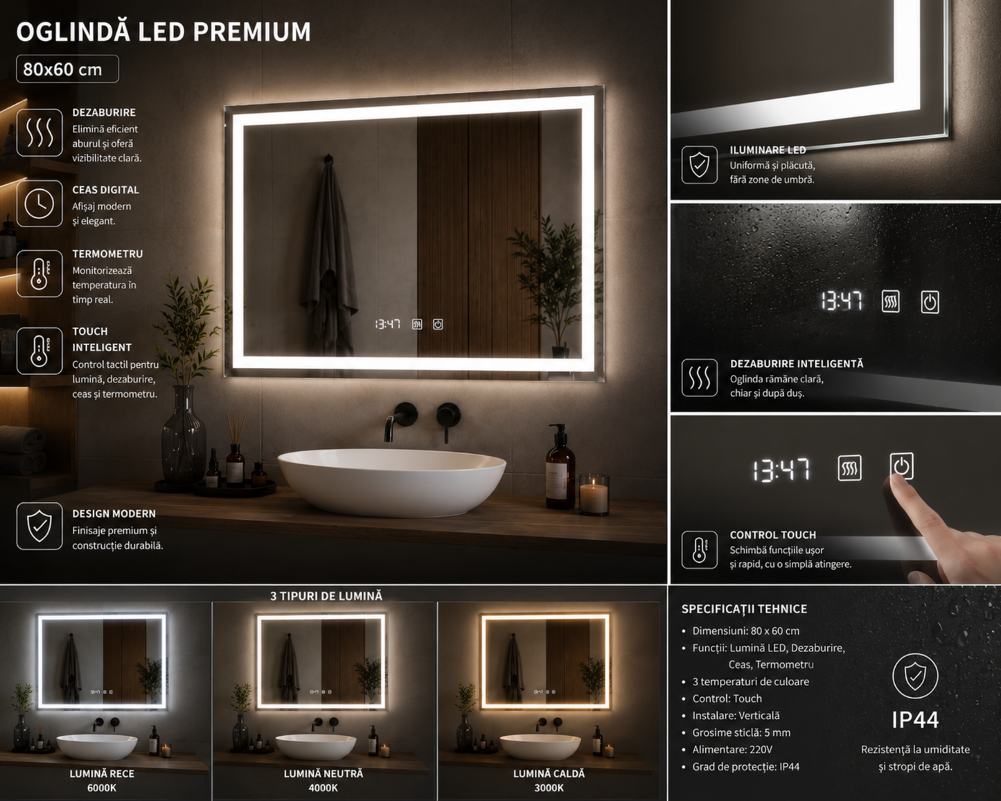 Oglinda Led Dreptunghiulara, cu Functie Dezaburire si Sistem Touch, Ceas si Termometru 80x60 cm