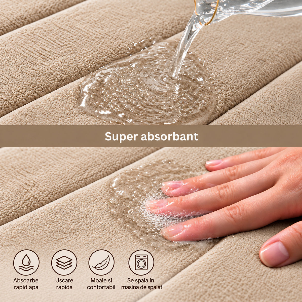 Covorase de Baie ®OPTIMDEKO, Spuma cu Memorie, 80x50 cm + 50x40 cm, Suprafata Moale si Absorbanta, Antiderapante, Lavabile, pentru Baie si WC, Crem