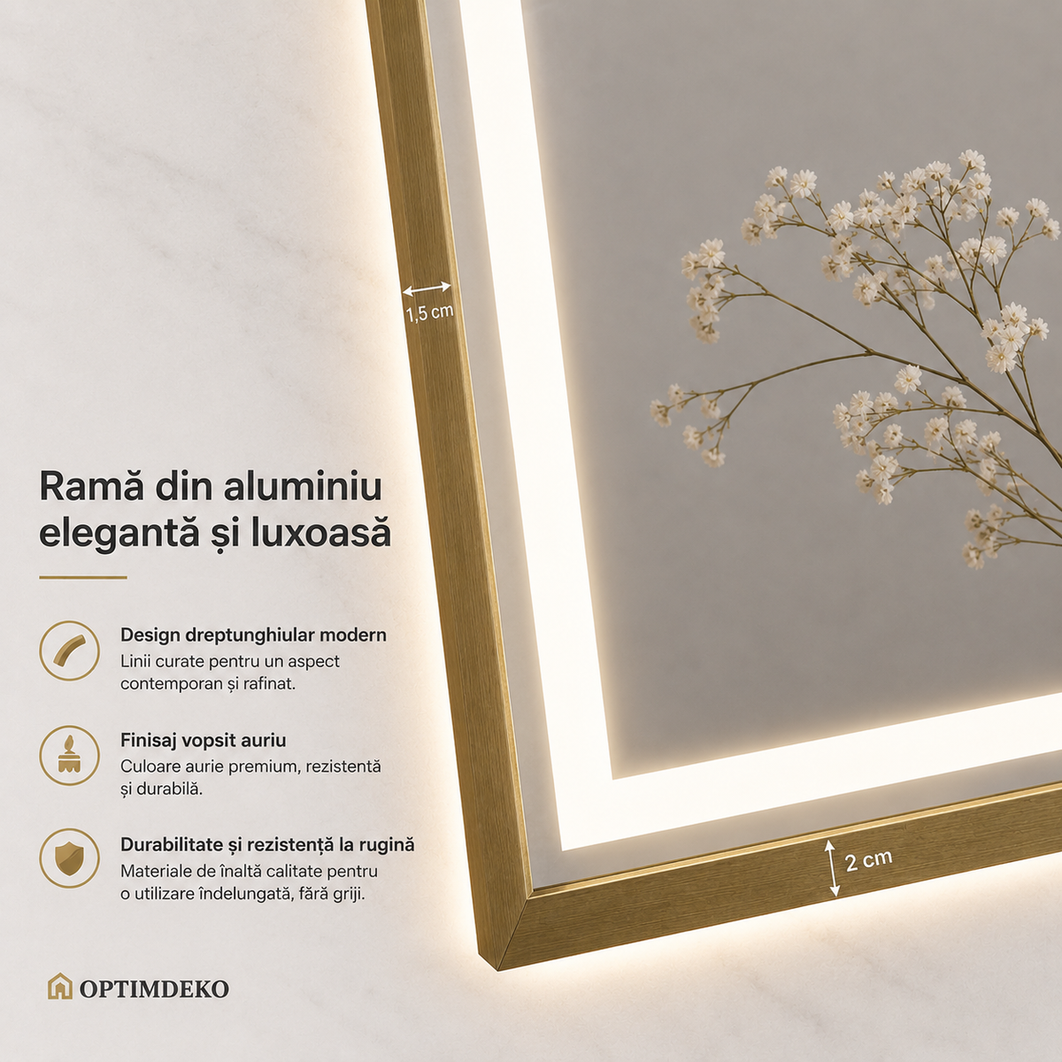 Oglinda LED Colectia Korman Technik Dreptunghiulara, cu Functie Dezaburire si Sistem Touch, Rama Aurie, model E10/80x60cm