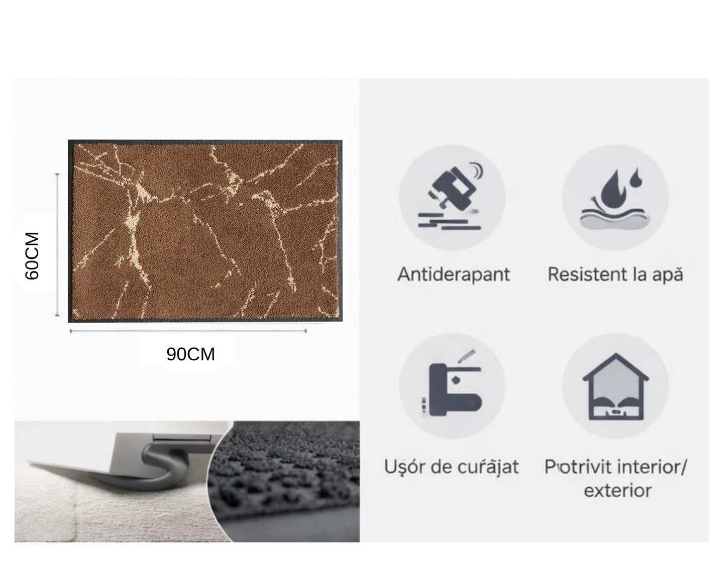 Covoras intrare gri 90x60 cm, ®OPTIMDEKO, antiderapant, rezistent, absorbtie murdarie si apa, interior/exterior, PC105