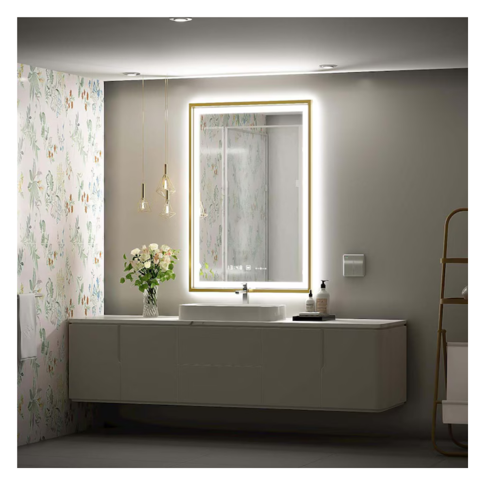 Oglinda LED Colectia Marcello Funghi Dreptunghiulara, cu Functie Dezaburire si Sistem Touch, Rama Aurie, model W10/60x80cm