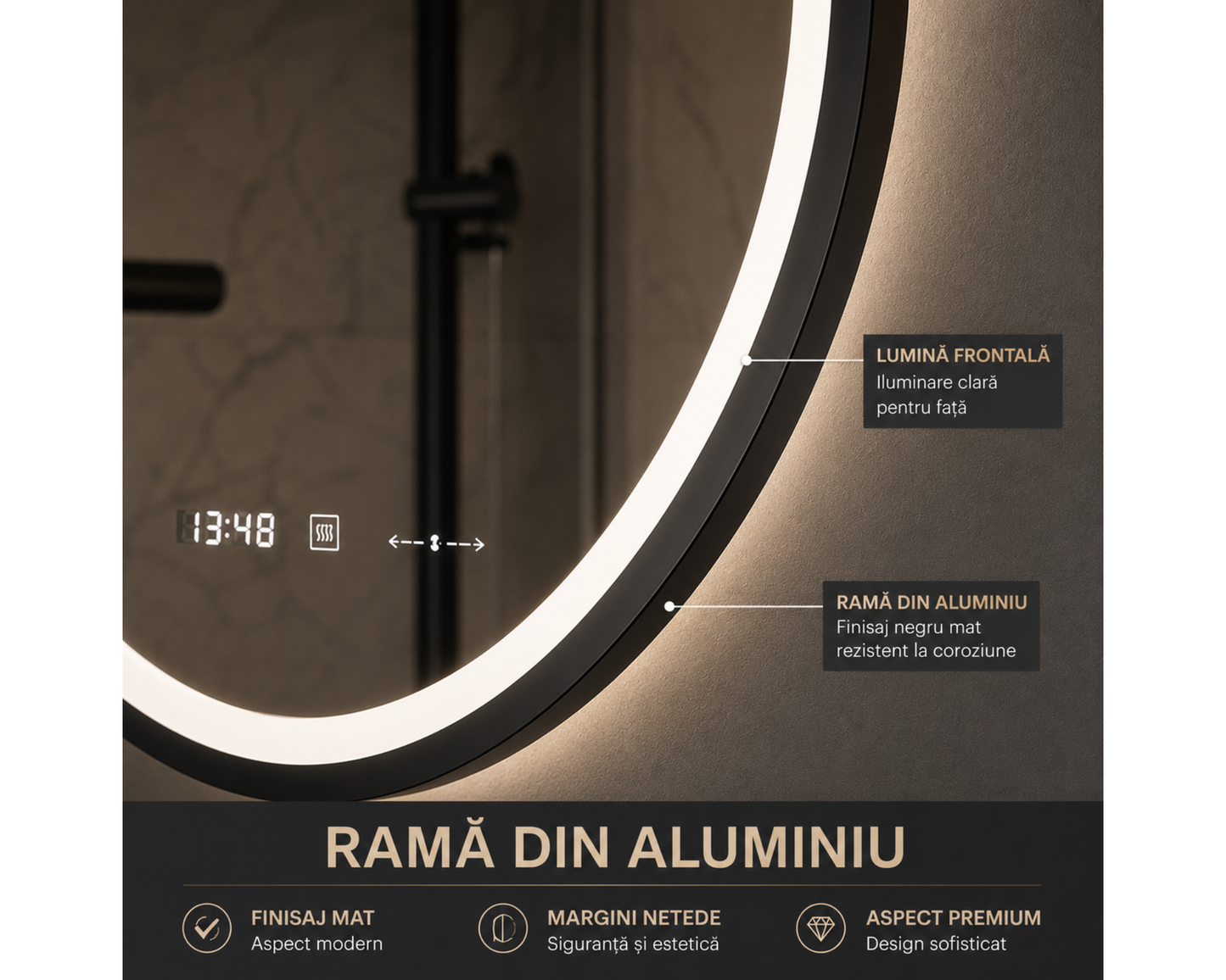 Oglinda LED Colectia Marcello Funghi Rotunda, cu Senzor de Miscare si Sistem Touch, Neagra, model W11/80x80 cm