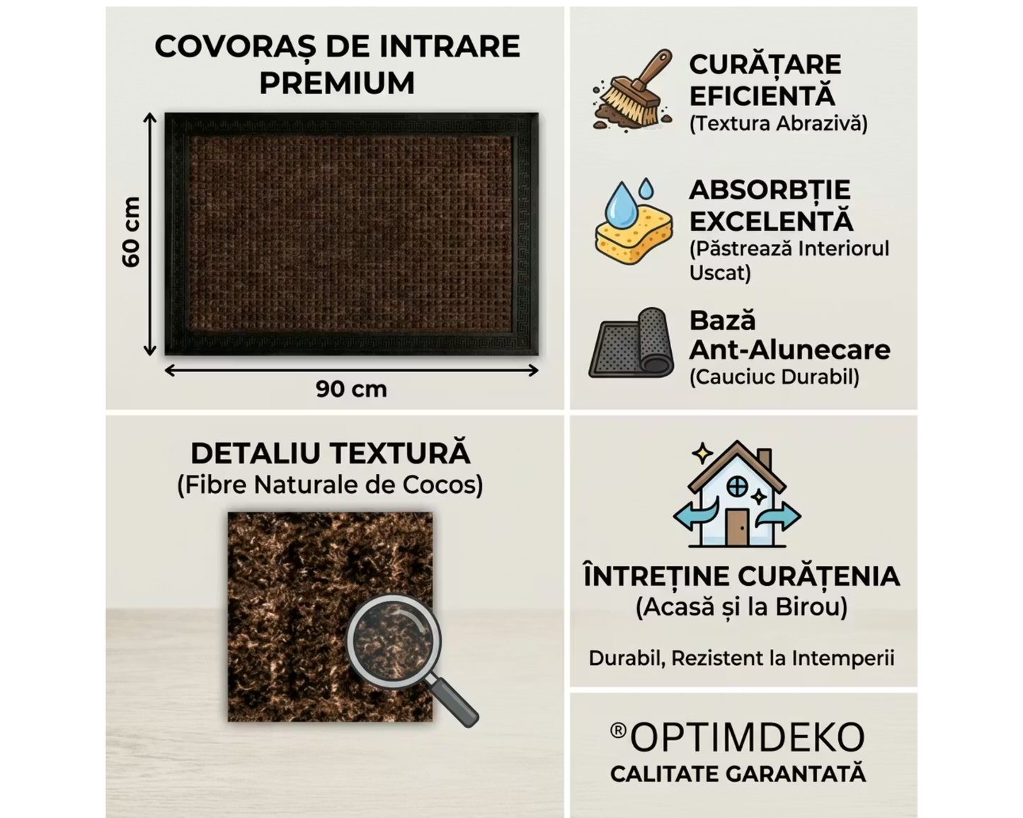 Covoras intrare gri 90x60 cm, ®OPTIMDEKO, antiderapant, rezistent, absorbtie murdarie si apa, interior/exterior, CR096 MARO