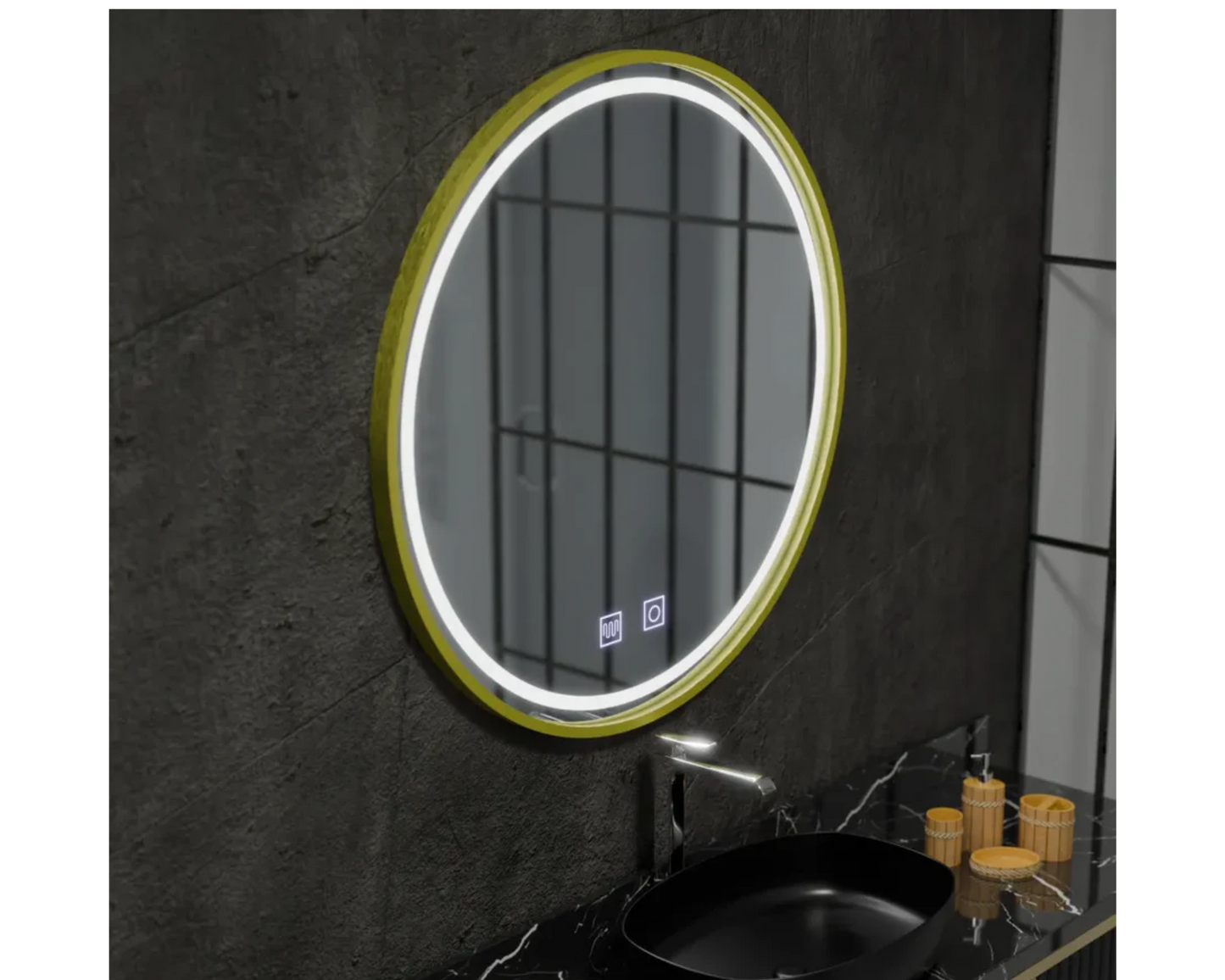 Oglinda LED Rotunda Anitta, din Colectia Marcello Funghi, cu Functie Dezaburire si Sistem Touch, Auriu Gold E04 70x70cm