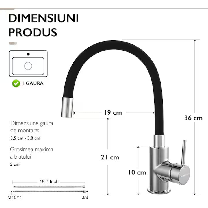 Baterie Chiuveta Bucatarie ®OPTIMDEKO, Flexibila, Inox, Pipa Inalta, Cartus Ceramic, Monocomanda, Racorduri Incluse, Acoperita Silicon, Rotativa, Alb