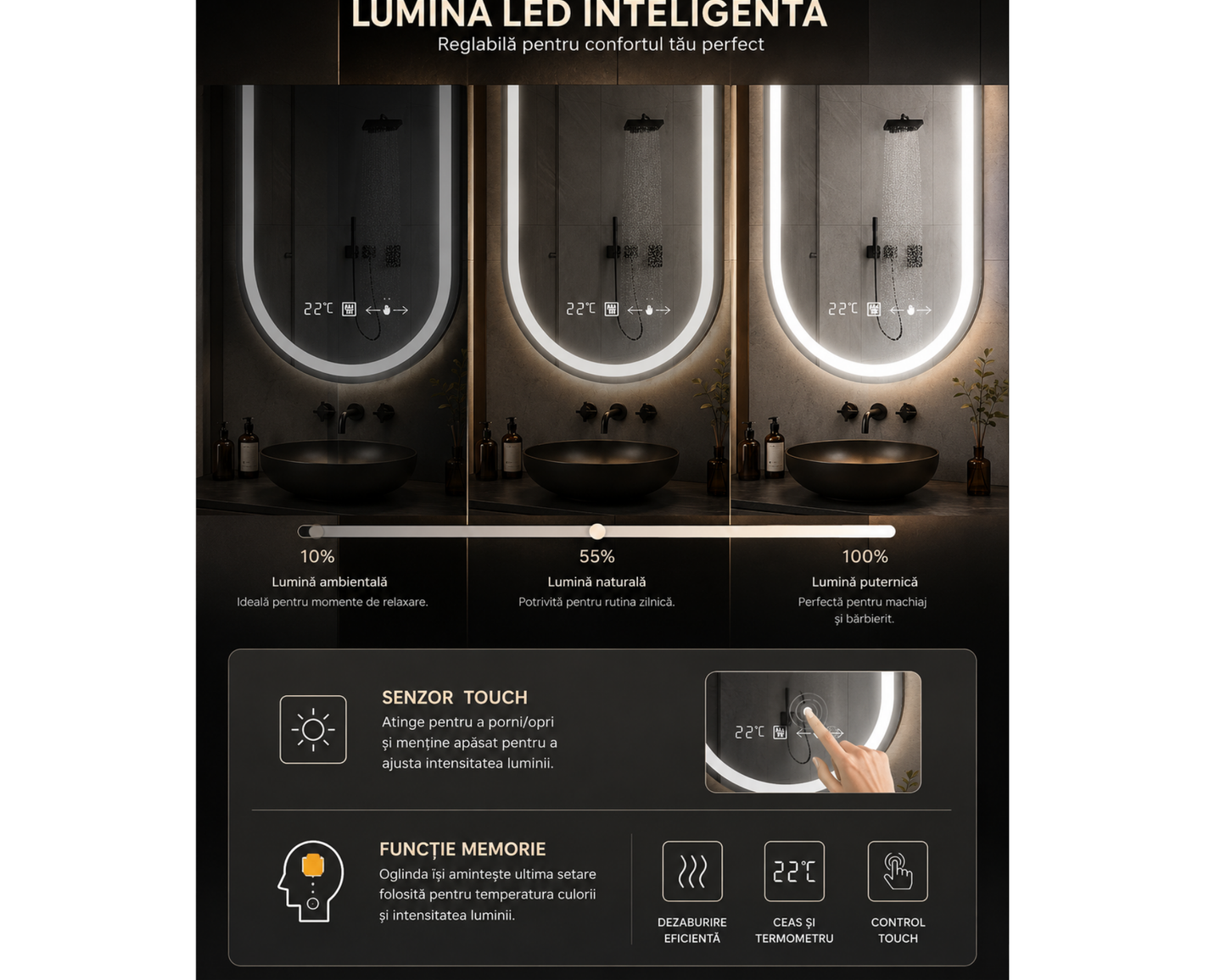 Oglindă LED Ovală W25/50x80 cm Roven MotionGlow cu Funcție Dezaburire, Ceas, Termometru și Iluminare LED Dimabilă, Ramă Aurie