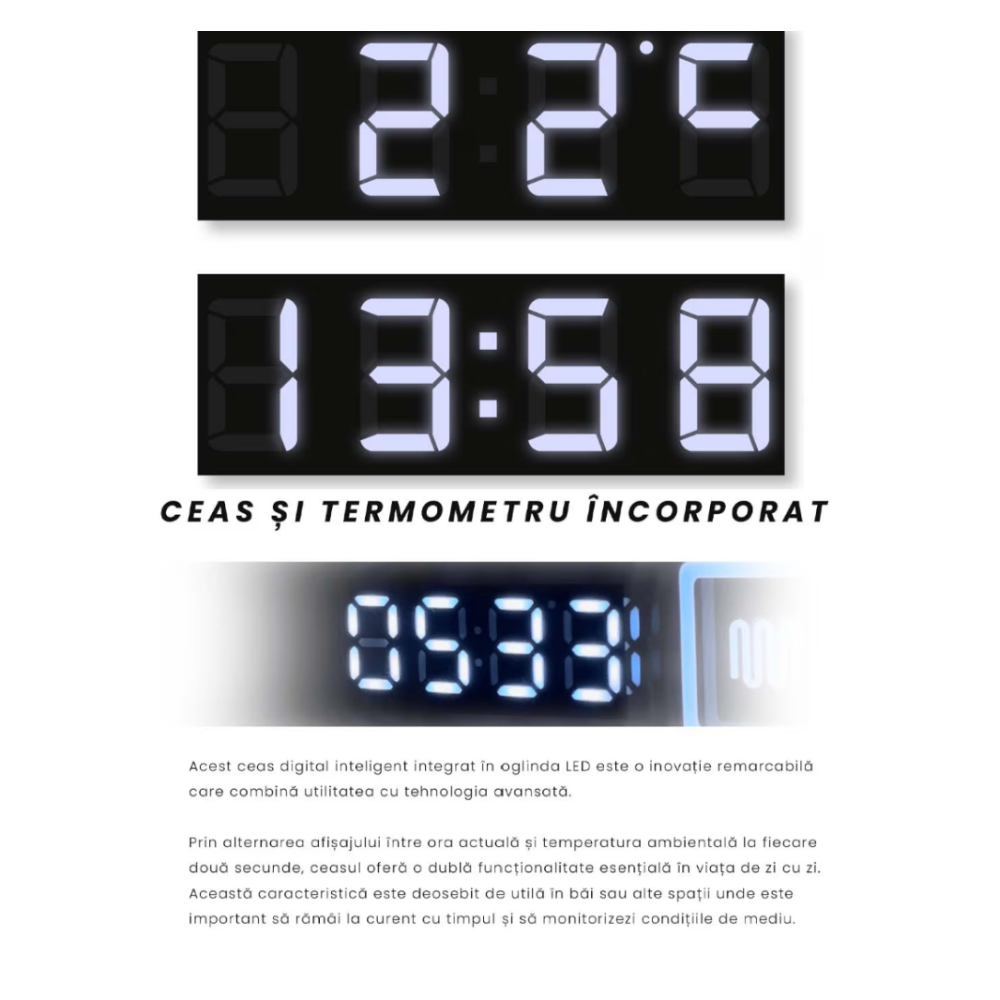 Oglindă LED Touch 60x80 cm cu Funcție Dezaburire, Ceas, Termometru și Ramă Negru Brushed – Colecția Korman