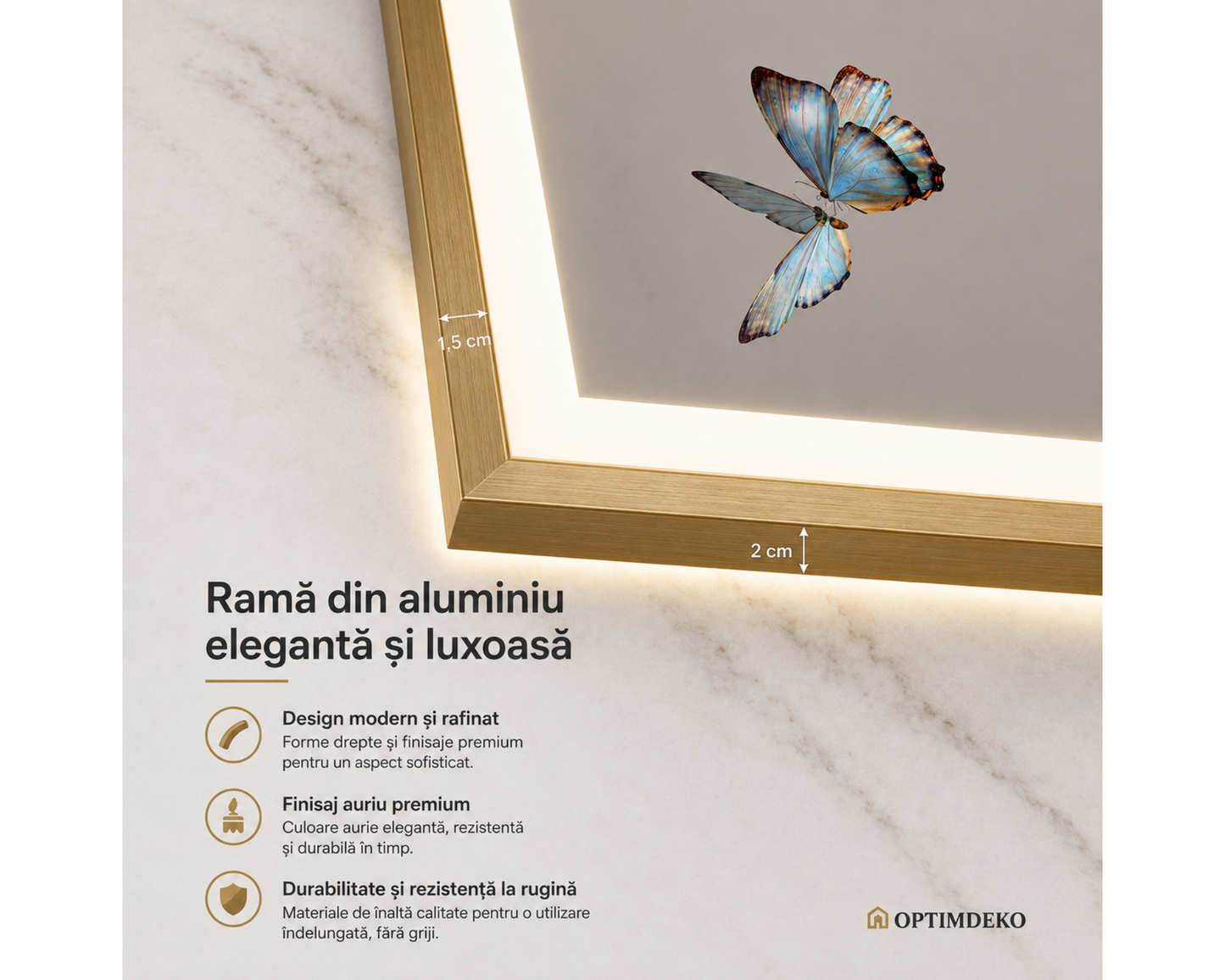 Oglindă LED Touch S81/60x80 cm cu Funcție Dezaburire, Ceas, Termometru, Lupă Cosmetică și Ramă Auriu Brushed – Colecția Korman, model Clarus