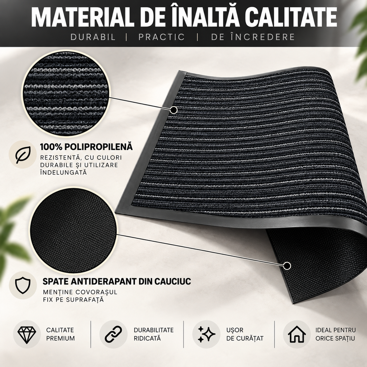 Covoras de Intrare OPTIMDEKO, 60 x 40 cm, Antiderapant, Absorbant si Antimurdarie, Baza din Cauciuc, Rezistent, pentru Interior si Exterior, Gri & Negru