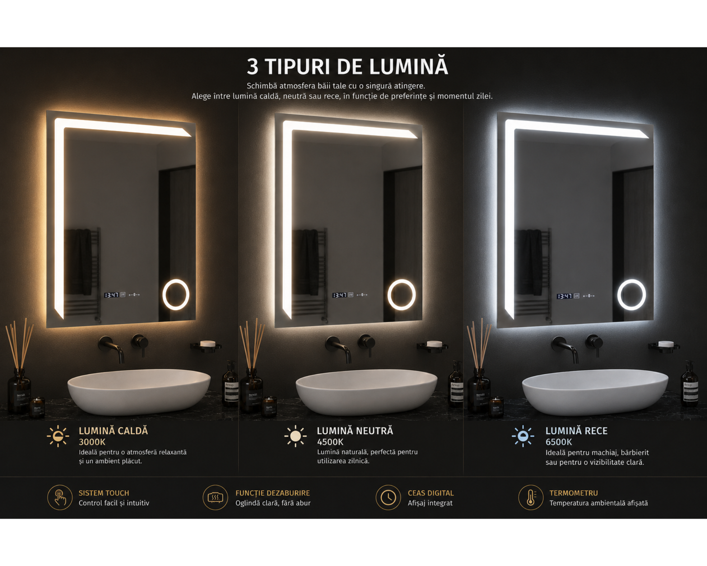Oglinda LED Colectia Marcello Funghi Dreptunghiulara cu Functie Dezaburire si Sistem Touch, model W07/60x80cm