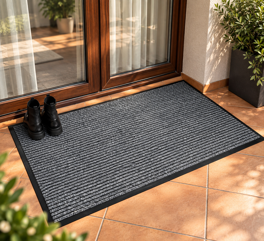 Covoras de Intrare ®OPTIMDEKO, 150 x 90 cm, Antiderapant, Absorbant si Antimurdarie, Striat, Baza din Cauciuc, Rezistent, pentru Interior si Exterior, Gri Linii