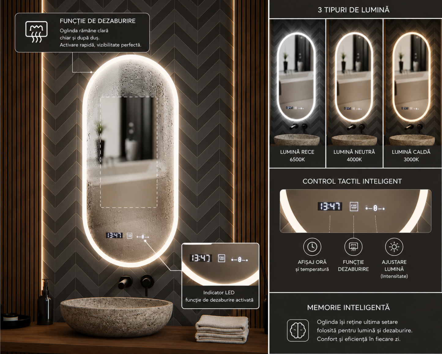 Oglinda LED Ovala Colectia Marcello Funghi cu Functie Dezaburire si Sistem Touch, model D045, 50x100cm
