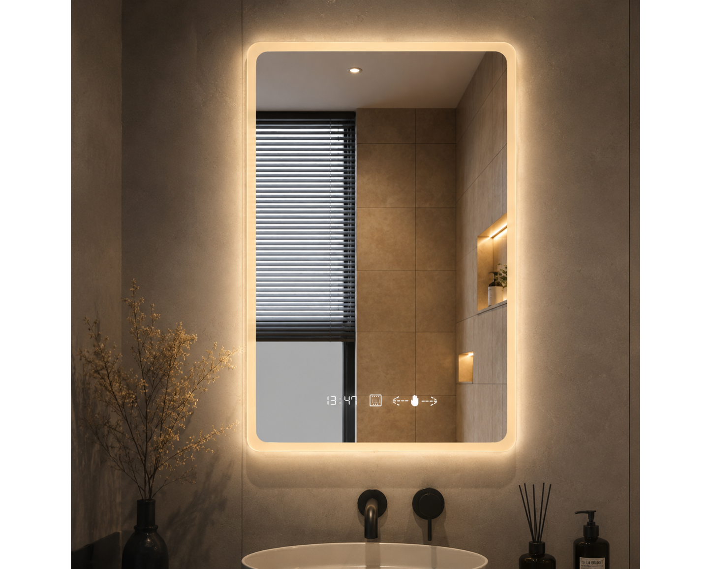 Oglindă LED Dreptunghiulară W21/60x80 cm MotionGlow cu Funcție Dezaburire, Ceas, Termometru și Iluminare LED Dimabilă