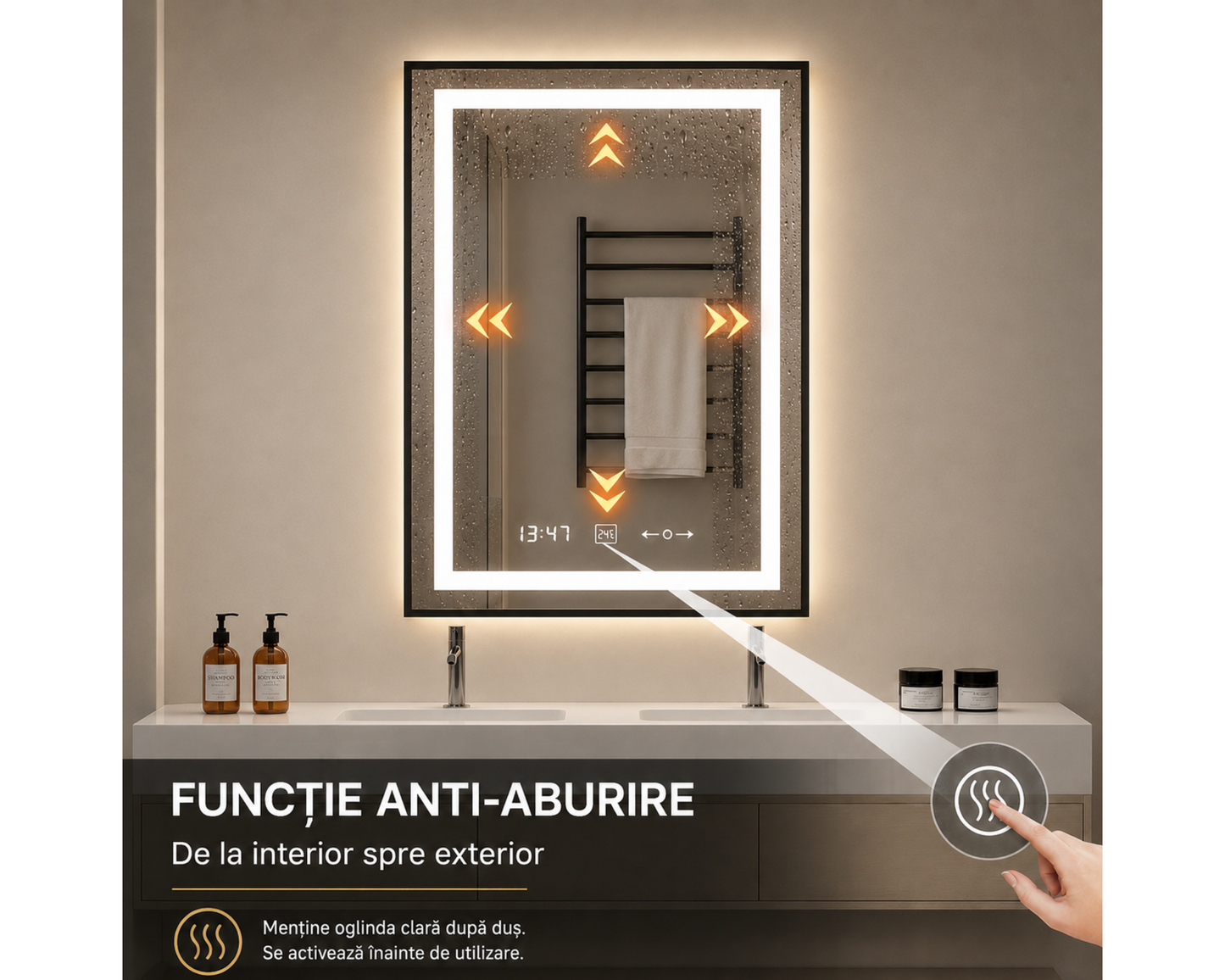Oglinda LED Dreptunghiulara, cu Functie Dezaburire si Sistem Touch, Neagra, Colectia Marcello Funghi, model W03v 60x80cm
