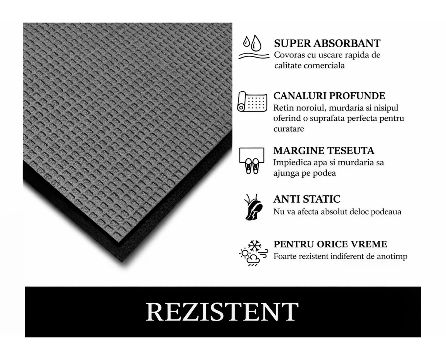 Covoras intrare gri 90x60 cm, ®OPTIMDEKO, antiderapant, rezistent, absorbtie murdarie si apa, interior/exterior, CR002 GRI