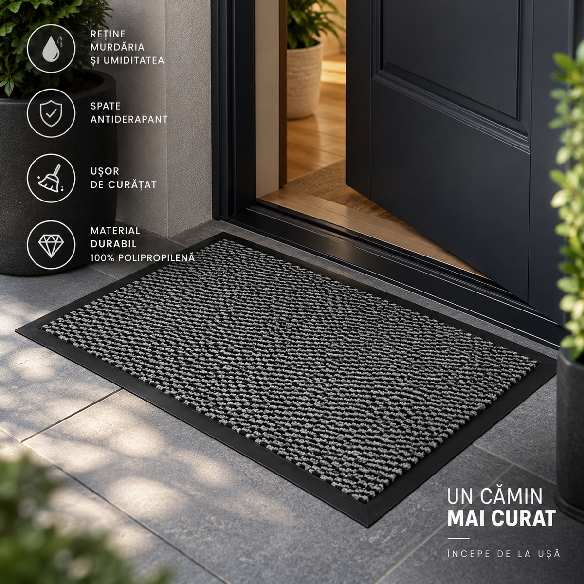 Covoras de Intrare OPTIMDEKO, 60x40 cm, Antiderapant, Absorbant si Antimurdarie, Baza din Cauciuc, Rezistent, pentru Interior si Exterior, Negru Gri