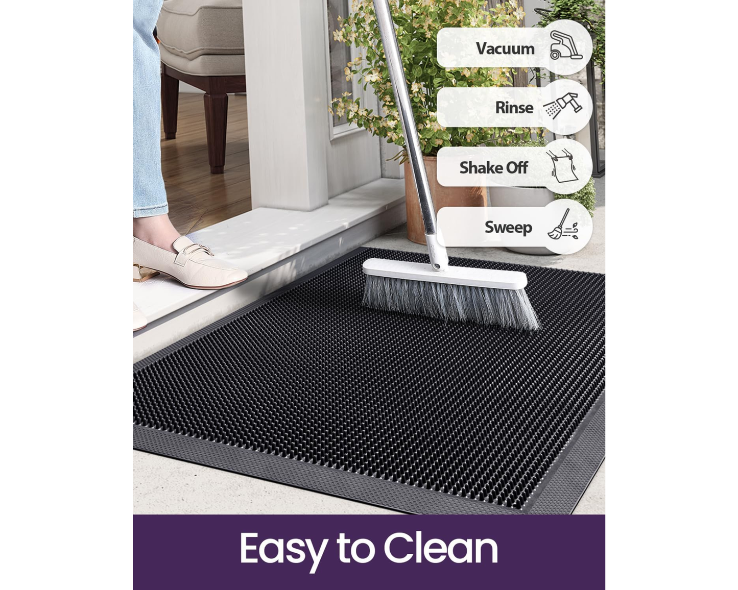 Covoras intrare cauciuc tip perie, cu Tepi, 90x60 cm, ®OPTIMDEKO, antiderapant, heavy duty, pentru exterior/interior, negru, RB008