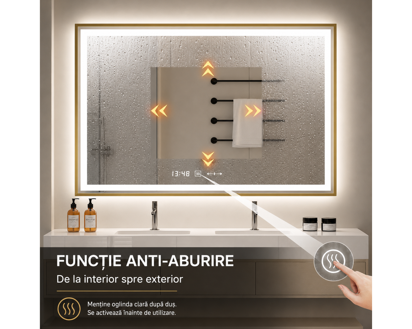 Oglinda LED Colectia Marcello Funghi Dreptunghiulara, cu Functie Dezaburire si Sistem Touch, Rama Aurie, model W10/80x60cm