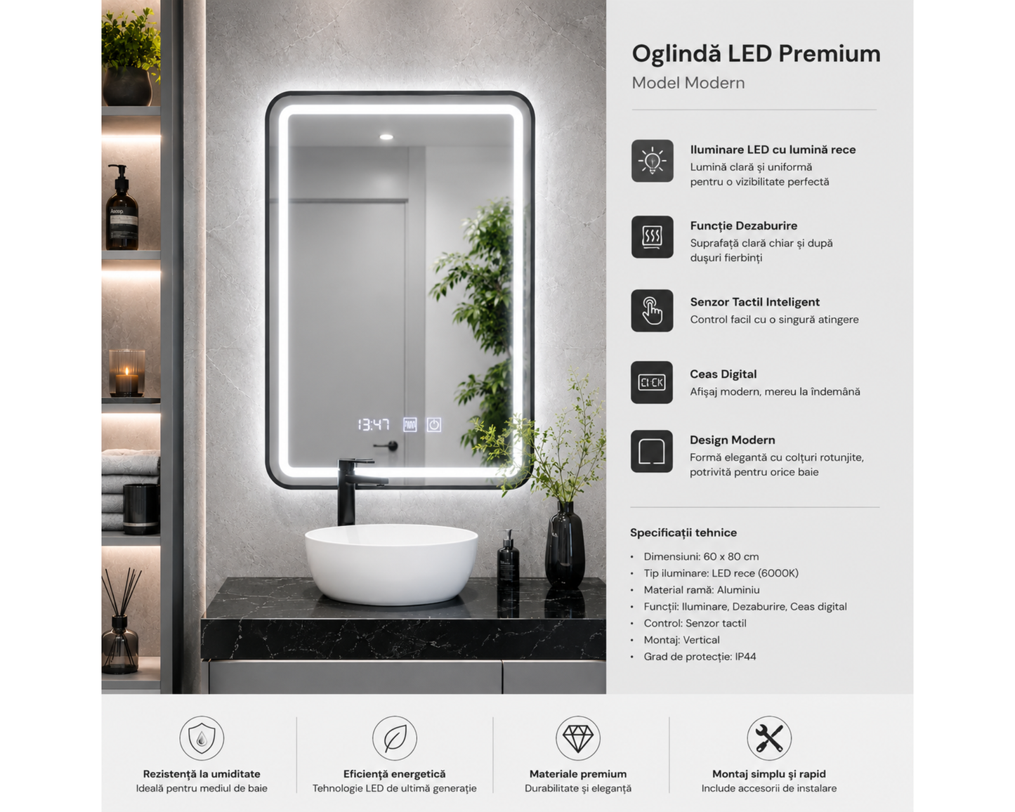 Oglindă LED Touch 60x80 cm cu Funcție Dezaburire, Ceas, Termometru și Ramă Negru Brushed – Colecția Korman