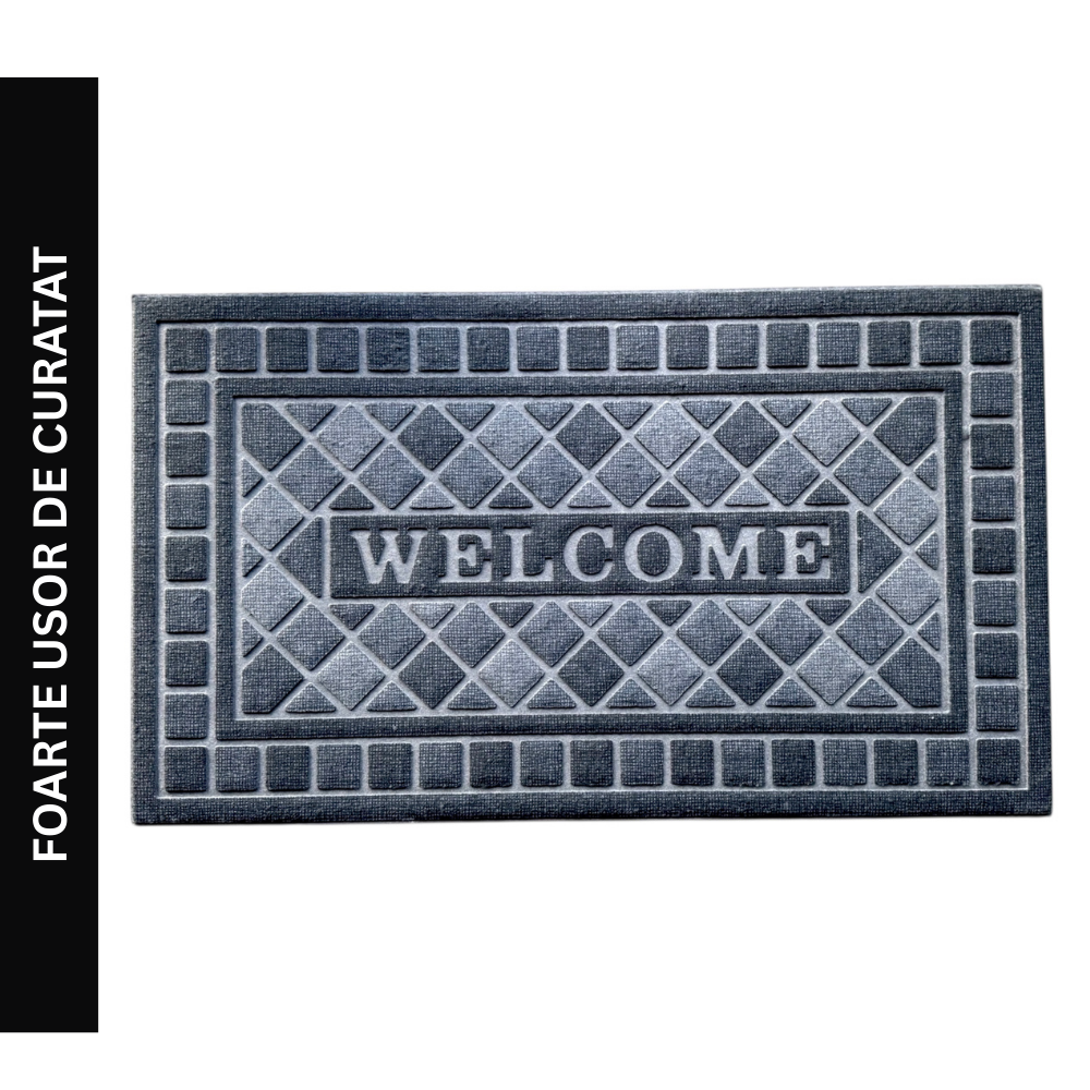 Covoras de intrare WELCOME, ®OPTIMDEKO, antiderapant, rezistent si decorativ, 75 x 43 cm, gri inchis