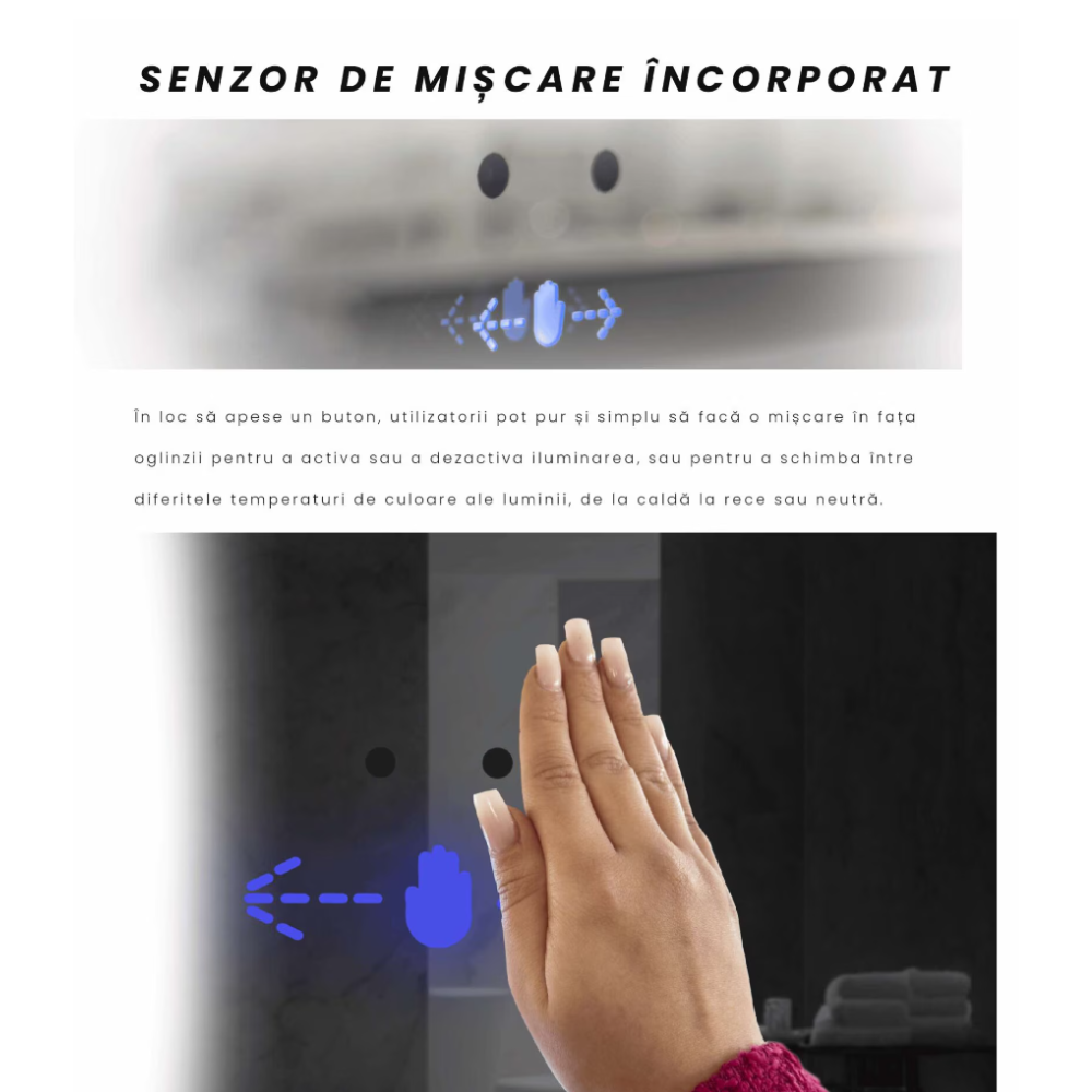 Oglinda LED Colectia Marcello Funghi Rotunda, cu Functie Dezaburire si Sistem Touch, Neagra, W11 60X60CM