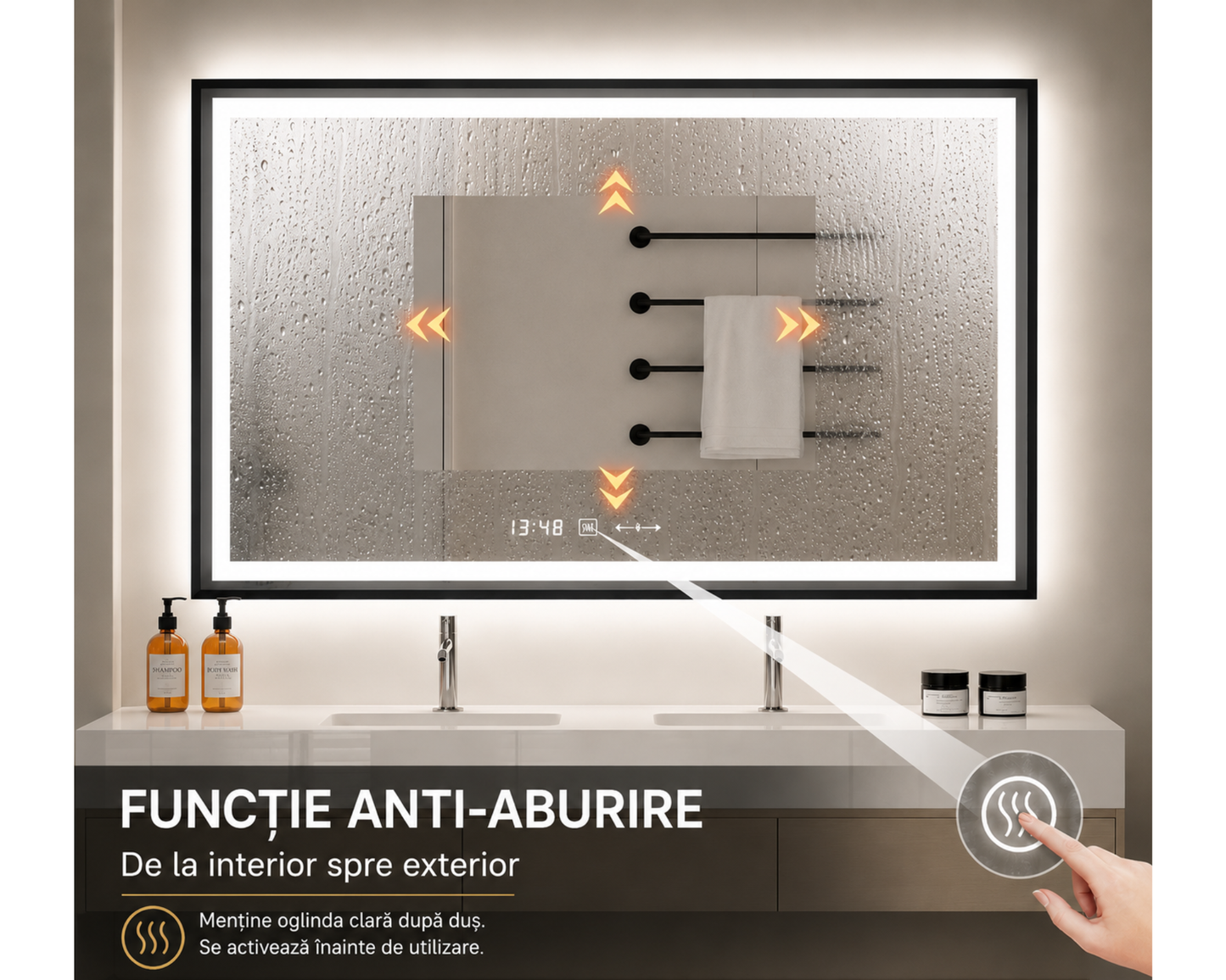 Oglinda LED Dreptunghiulara, cu Functie Dezaburire si Sistem Touch, Neagra, Colectia Marcello Funghi W03/120x80cm