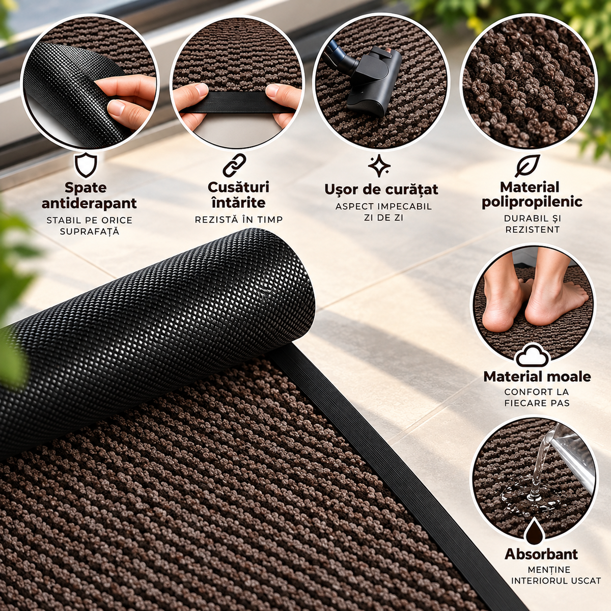 Covoras de Intrare ®OPTIMDEKO, 90 x 60 cm, Antiderapant, Absorbant si Antimurdarie, Striat, Baza din Cauciuc, Rezistent, pentru Interior si Exterior, Maro/Negru