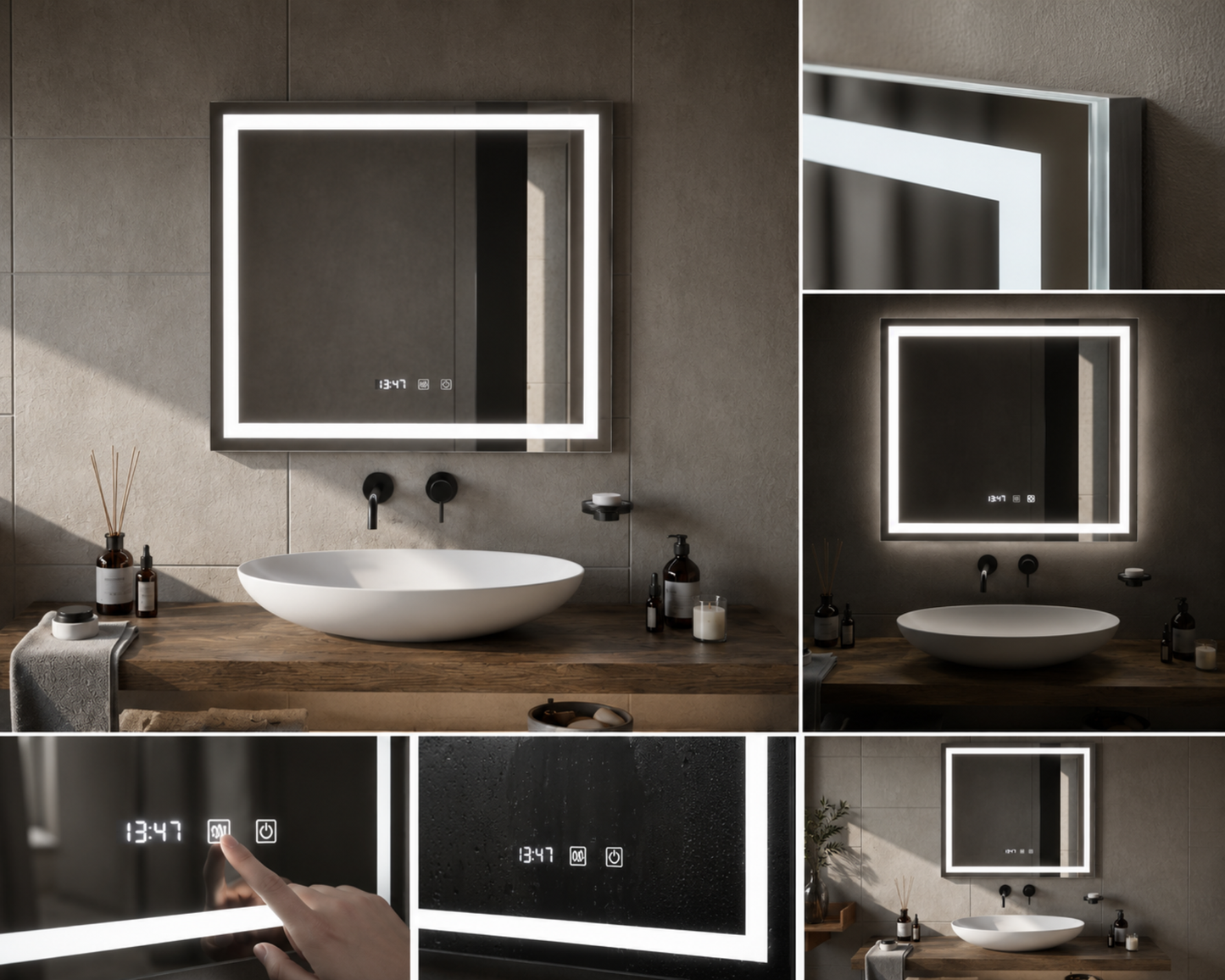 Oglinda Led Dreptunghiulara, cu Functie Dezaburire si Sistem Touch, Ceas si Termometru 80x60 cm