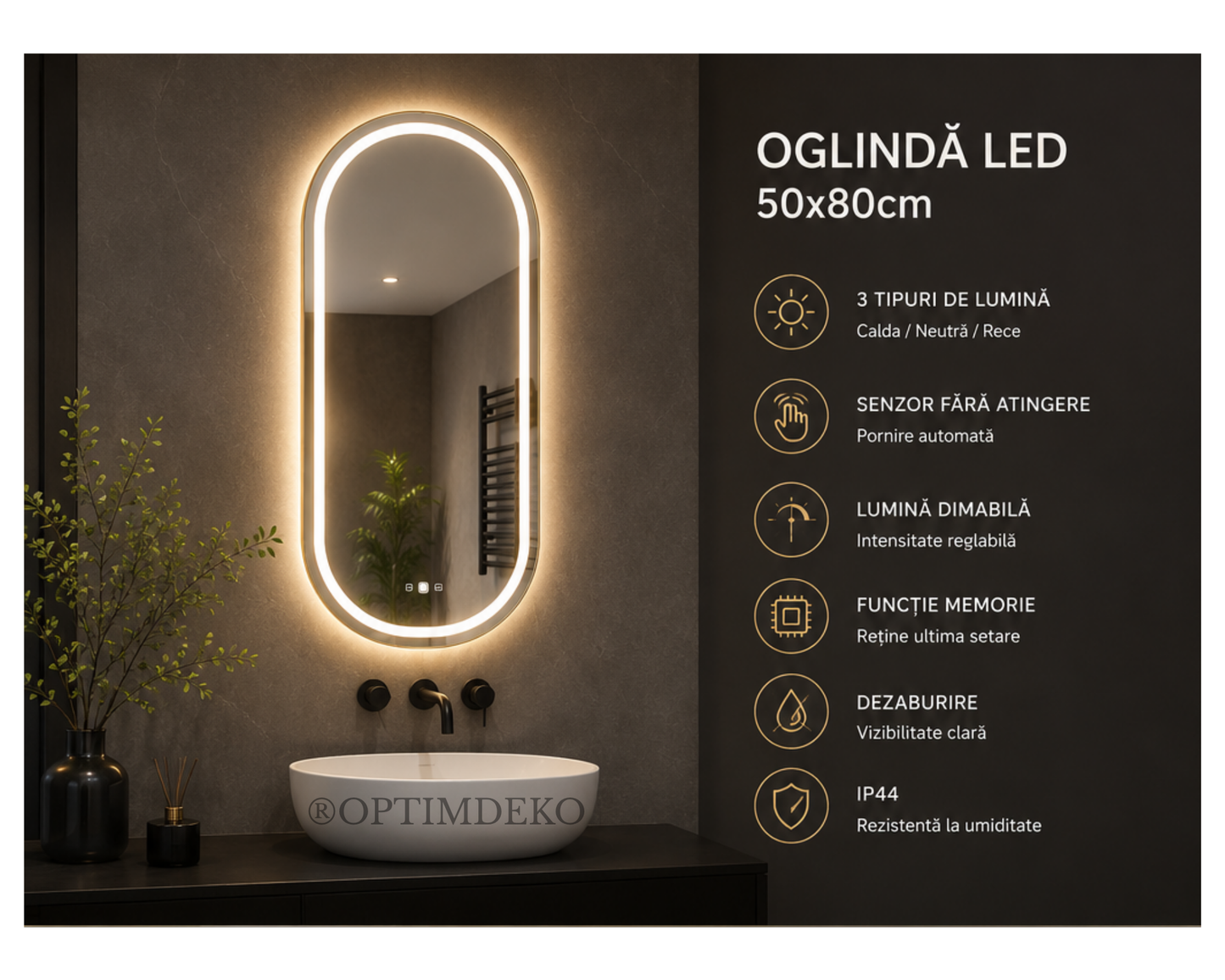 Oglindă LED Ovală W25/50x80 cm Roven MotionGlow cu Funcție Dezaburire, Ceas, Termometru și Iluminare LED Dimabilă, Ramă Aurie